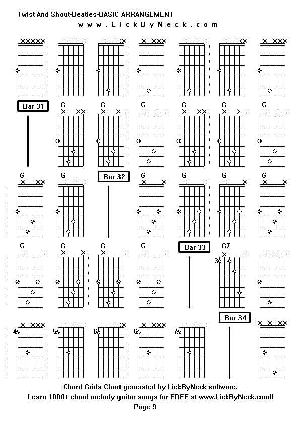 Chord Grids Chart of chord melody fingerstyle guitar song-Twist And Shout-Beatles-BASIC ARRANGEMENT,generated by LickByNeck software.